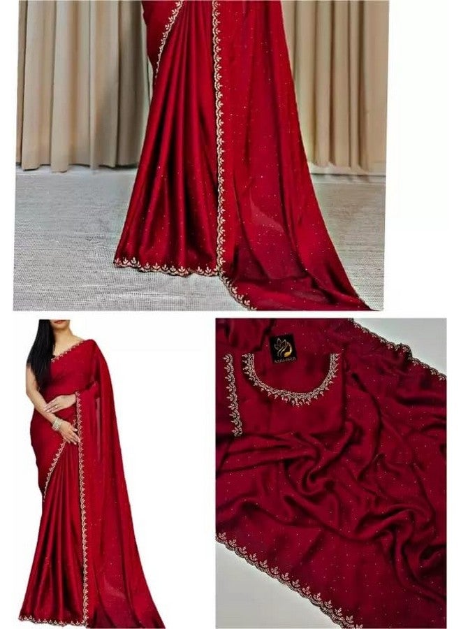 Women Georgette Embellished Red Saree with unstitched blouse piece (KP-Dipa Red)  - Image 3