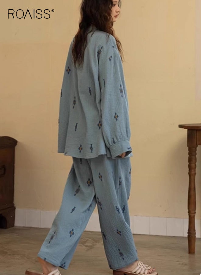 رويس طقم بيجامة نسائي بأكمام طويلة ونقشة زهور عتيقة، أزرق نقي، فضفاض، تصميم بأزرار أمامية، طراز عتيق، مريح ومتعدد الاستخدامات للارتداء المنزلي أو للاستخدام في الهواء الطلق في الربيع والخريف - Image 4