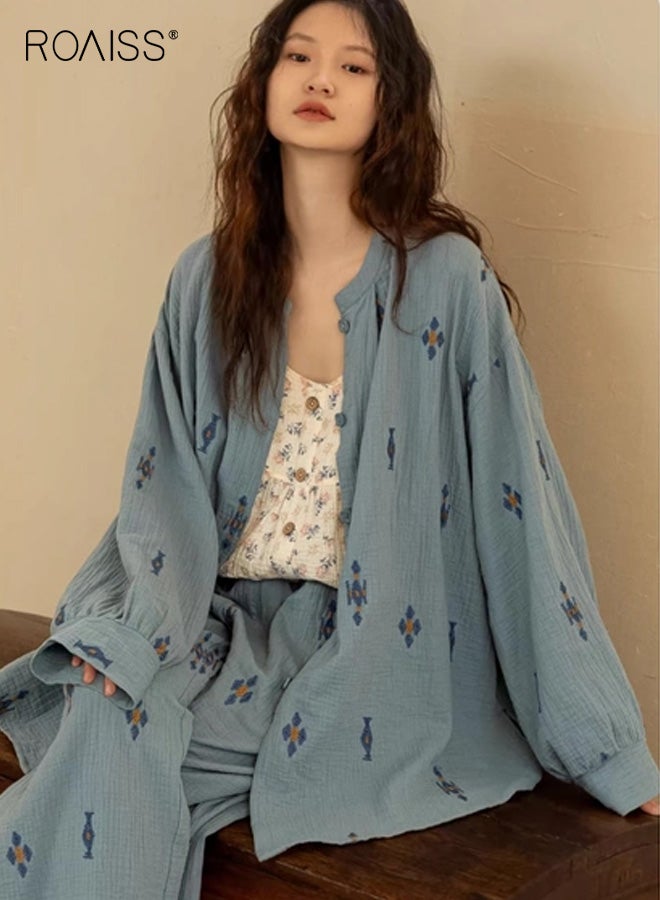 رويس طقم بيجامة نسائي بأكمام طويلة ونقشة زهور عتيقة، أزرق نقي، فضفاض، تصميم بأزرار أمامية، طراز عتيق، مريح ومتعدد الاستخدامات للارتداء المنزلي أو للاستخدام في الهواء الطلق في الربيع والخريف - Image 3