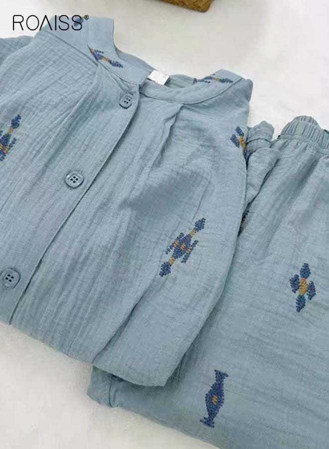 رويس طقم بيجامة نسائي بأكمام طويلة ونقشة زهور عتيقة، أزرق نقي، فضفاض، تصميم بأزرار أمامية، طراز عتيق، مريح ومتعدد الاستخدامات للارتداء المنزلي أو للاستخدام في الهواء الطلق في الربيع والخريف - Image 5