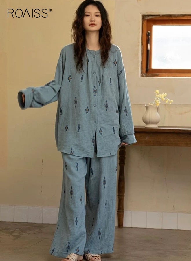 رويس طقم بيجامة نسائي بأكمام طويلة ونقشة زهور عتيقة، أزرق نقي، فضفاض، تصميم بأزرار أمامية، طراز عتيق، مريح ومتعدد الاستخدامات للارتداء المنزلي أو للاستخدام في الهواء الطلق في الربيع والخريف - Image 1