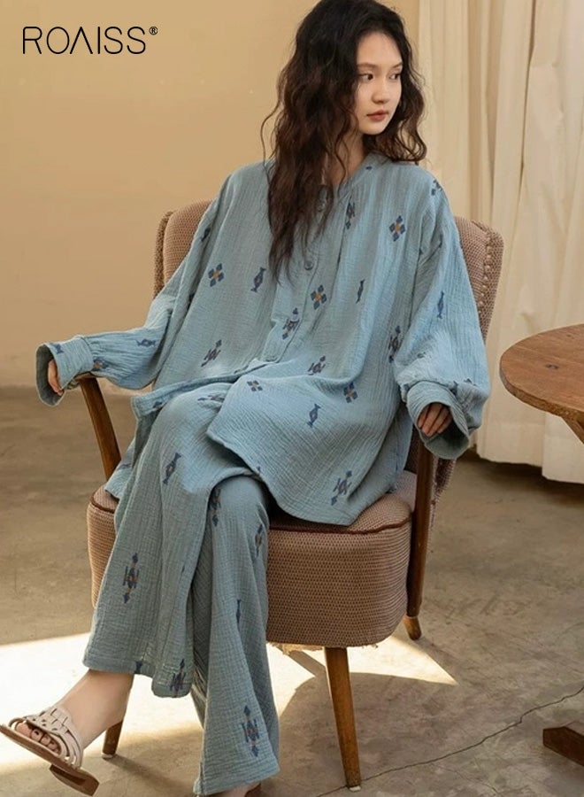 رويس طقم بيجامة نسائي بأكمام طويلة ونقشة زهور عتيقة، أزرق نقي، فضفاض، تصميم بأزرار أمامية، طراز عتيق، مريح ومتعدد الاستخدامات للارتداء المنزلي أو للاستخدام في الهواء الطلق في الربيع والخريف - Image 2