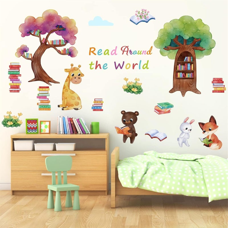 HATARU Multicolor Animals Reading Animals Wall Decals, Waterproof Vinyl Sticker for Wall, Window Decor, Cartoon Tree Animal Wall Stickers Peel and Stick, Nursery Decor - Image 3