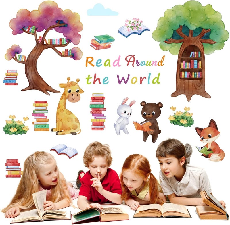 HATARU Multicolor Animals Reading Animals Wall Decals, Waterproof Vinyl Sticker for Wall, Window Decor, Cartoon Tree Animal Wall Stickers Peel and Stick, Nursery Decor - Image 2