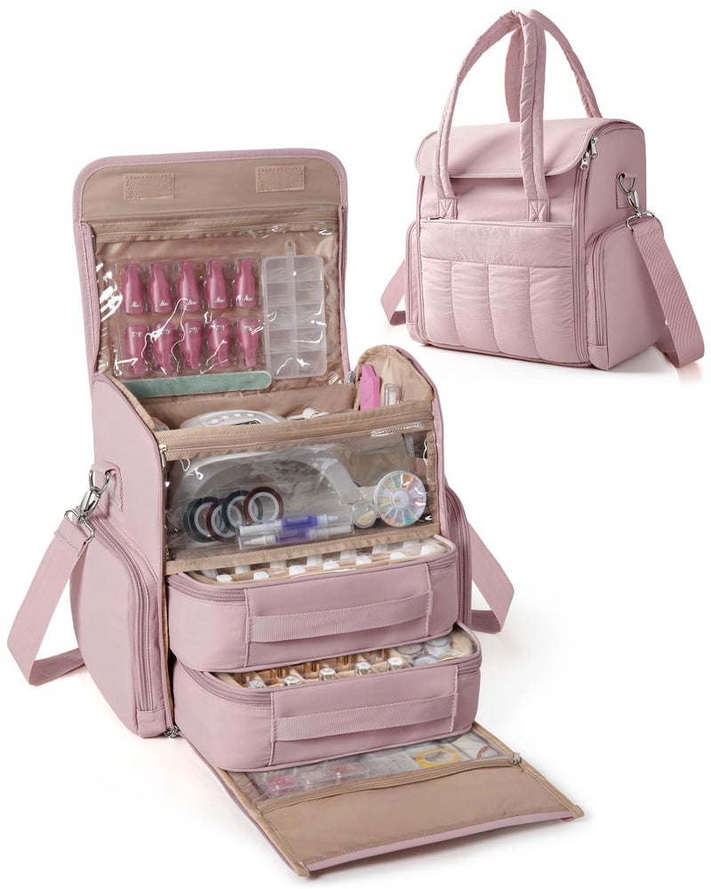 Marscamd Nail Polish Organizer Bag Holds 70 Bottles and Nail Lamp, Nail Polish Storage Case with 2 Removable Bags and Multiple Pockets, Pink - Image 1
