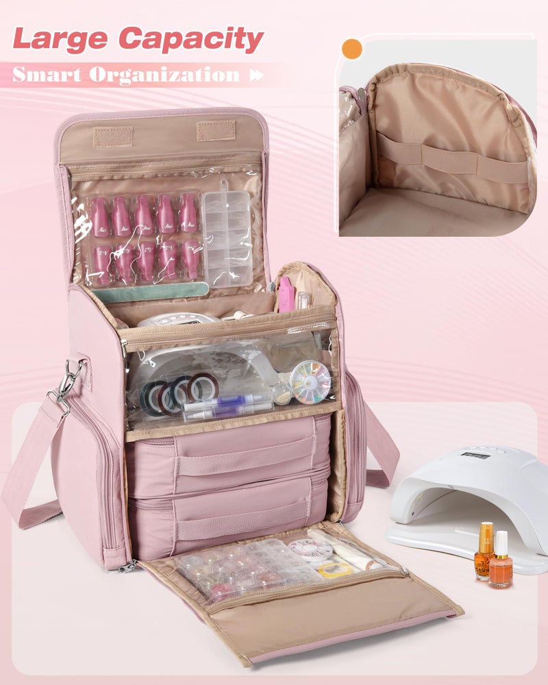 Marscamd Nail Polish Organizer Bag Holds 70 Bottles and Nail Lamp, Nail Polish Storage Case with 2 Removable Bags and Multiple Pockets, Pink - Image 2