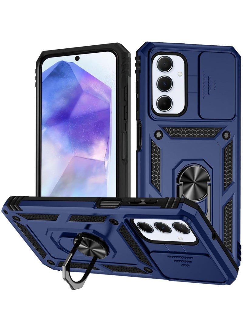 Arabest for Samsung Galaxy A55 5G Case - Shockproof Cases - Anti-Fall Drop Protection - Built-in Slide Anti-Scratch Camera Lens Cover - Integrated 360 Degree Rotating Ring Kickstand (Blue) - Image 1