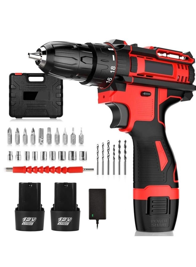 ALongDeng 12V Cordless Drill Set Electric Drill with 2 Battery and Charger Home Power Drill 2 Variable Speed 18 Position 3/8-Inch Keyless Chuck LED Light and 34Pcs Accessories - Image 1
