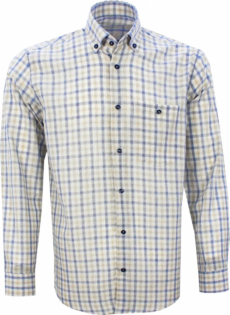 Varetta Men's Beige Blue Cotton Collar Buttoned Check Long Sleeve Shirt