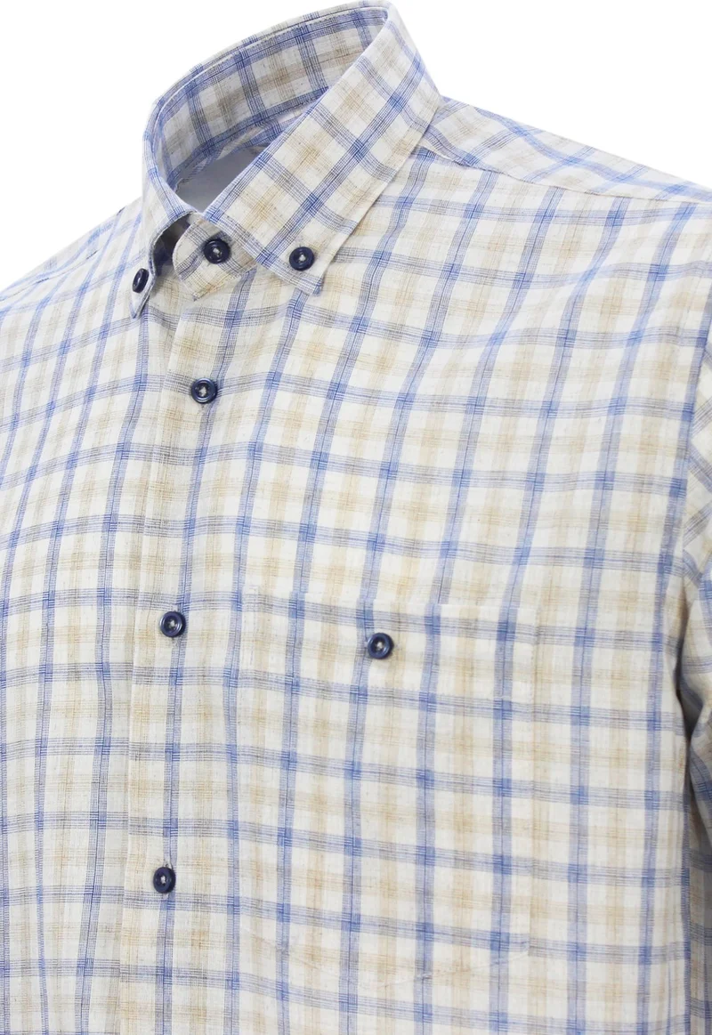 Varetta Men's Beige Blue Cotton Collar Buttoned Check Long Sleeve Shirt