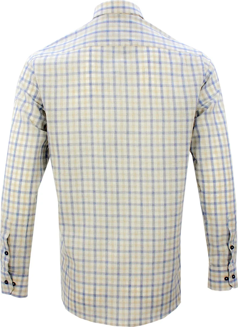 Varetta Men's Beige Blue Cotton Collar Buttoned Check Long Sleeve Shirt