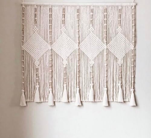 kiido Large Macrame Wall Hanging 47"×33" Boho Tapestry Woven Wall Decor- Cotton Tassel Macrame Curtain Beige Chic Bohemian Wall Art for Home Living Room Bedroom Dorm Wedding (Includes Hanging Rod) - Image 1
