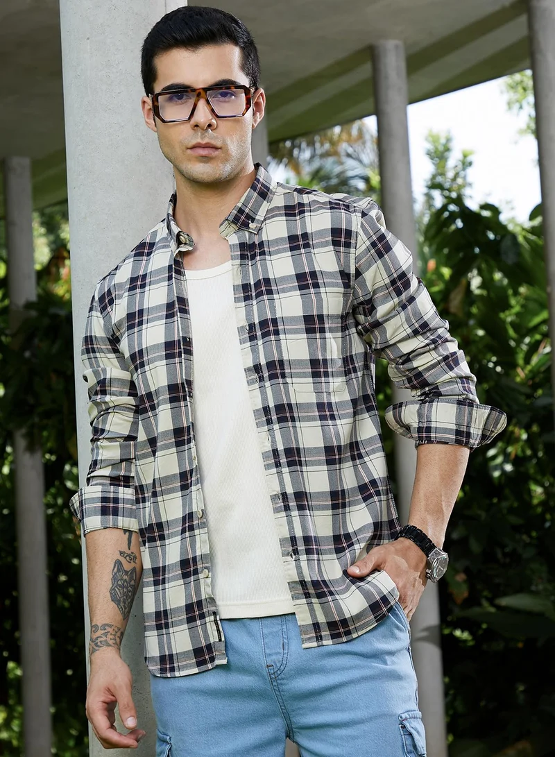 كامبوس سوترا قميص كاروهات رجالي من كامبس سوترا أزرق كحلي وأبيض كريمي