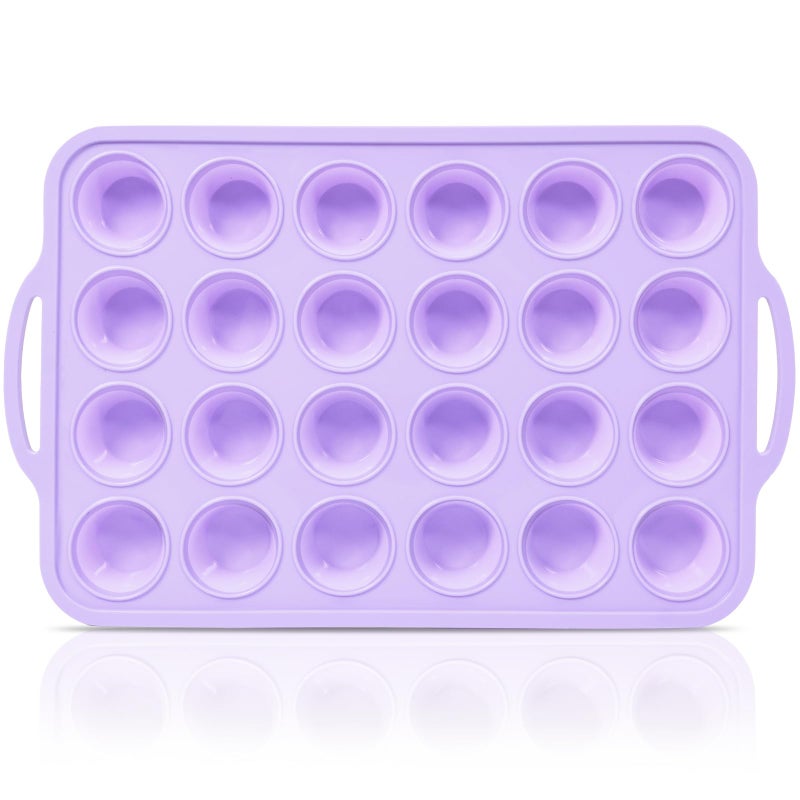 Vnray Mini Silicone Muffin Pan with Metal Frame Non Stick Silicone Cupcake Pan with Handles 24 Cup BPA Free Silicon Muffin Tin Tray Small for baking egg bites Cupcake Mold Purple