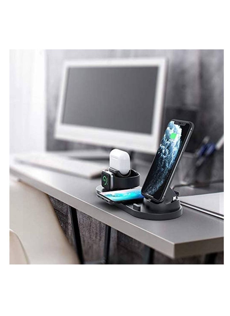 Generic - Wireless Charger 6 in 1 Wireless Fast Charging Station For Apple Watch/AirPods Pro/iPhone 12/11/11pro/11pro Max/X/XS/XR Samsung S20/S10 Charging Dock Station For Other Qi Phones Black - Image 1