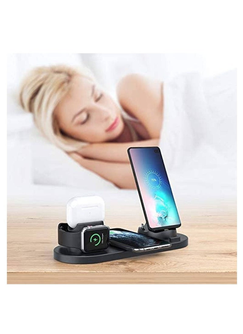 Generic - Wireless Charger 6 in 1 Wireless Fast Charging Station For Apple Watch/AirPods Pro/iPhone 12/11/11pro/11pro Max/X/XS/XR Samsung S20/S10 Charging Dock Station For Other Qi Phones Black - Image 1