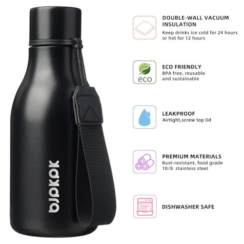 BJPKPK Insulated Water Bottles 12oz Stainless Steel Metal Water Bottle with Strap BPA Free Leak Proof Jugs Mugs Flasks Reusable Thermal Flasks for Sports Travel Black - Image 3