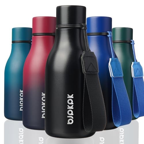 BJPKPK Insulated Water Bottles 12oz Stainless Steel Metal Water Bottle with Strap BPA Free Leak Proof Jugs Mugs Flasks Reusable Thermal Flasks for Sports Travel Black - Image 1