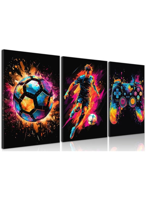 Canvas Wall Art Decor, Paintings Art Game Controller Color Splash Ink Canvas Painting, Posters for Room Aesthetic, Soccer Canvas Wall Art for Boys Room Decor 12×16 - Unframed Set of 3