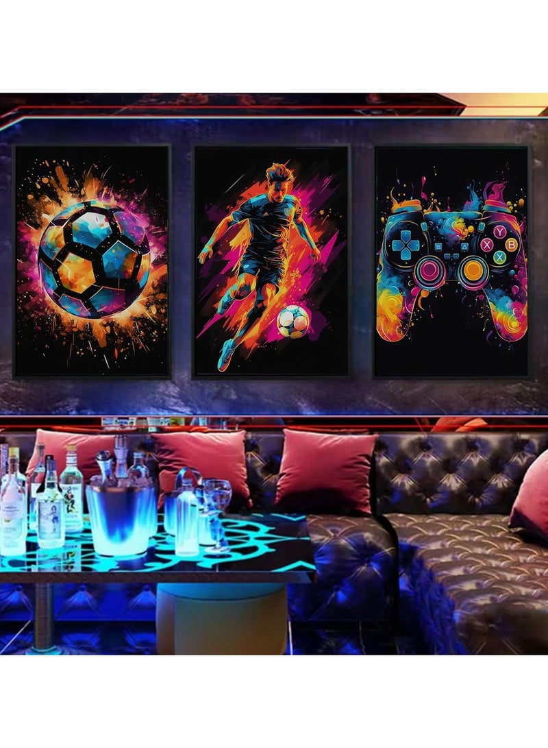 مؤسسة فكرة اليوم لوحة فنية جدارية من القماش، لوحات فنية لألعاب التحكم، لوحة قماشية ملونة بحبر ملون، ملصقات لجماليات الغرفة، لوحة فنية جدارية من القماش لكرة القدم لديكور غرفة الأولاد 12×16 - مجموعة بدون إطار من 3 قطع - Image 3