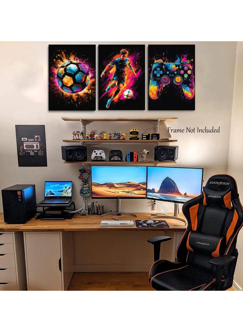 مؤسسة فكرة اليوم لوحة فنية جدارية من القماش، لوحات فنية لألعاب التحكم، لوحة قماشية ملونة بحبر ملون، ملصقات لجماليات الغرفة، لوحة فنية جدارية من القماش لكرة القدم لديكور غرفة الأولاد 12×16 - مجموعة بدون إطار من 3 قطع - Image 4