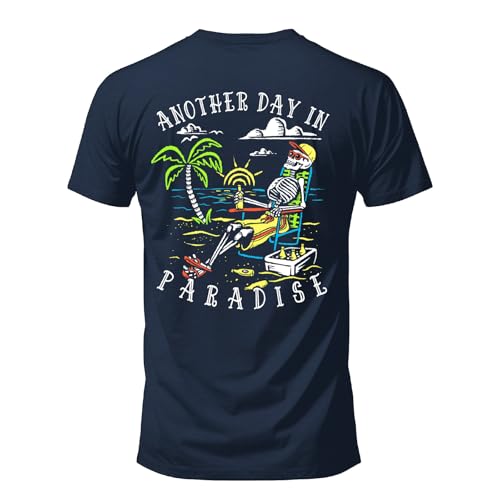 Salty Bones Another Day in Paradise Tropical Beach Graphic T-Shirt, 100% Ringspun Cotton, Classic Fit, Printed in USA (US, Alpha, Large, Regular, Regular, Navy) - Image 1