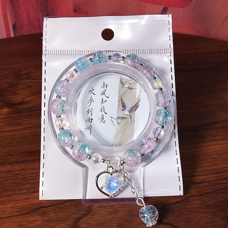 New Heart Crystal Beaded Bracelet Glass Charm Jewelry for Kids, Sweet and Fresh Student Gift