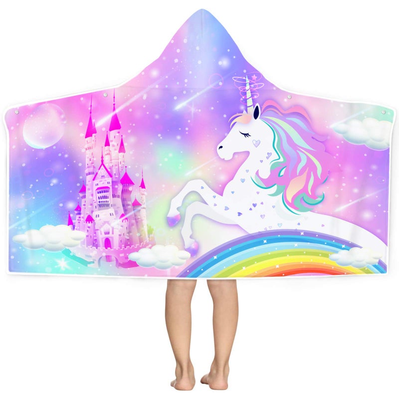 Bonsai Tree Unicorn Hooded Beach Towel for Kids Cute Rainbow Bath Towel with Hood for Girls Pink Magic Castle Microfiber Super Absorbent Soft Poncho Bathrobe for Swin Pool 30x50