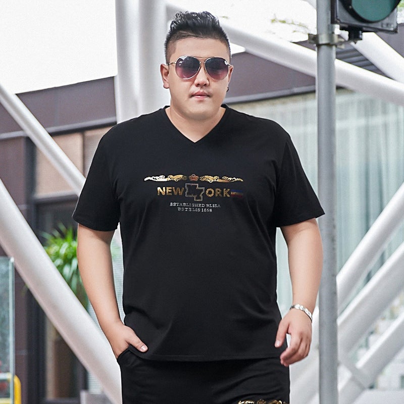 Fat Men's Extra Large Size Fashionable Youth Hot Drilling Short-sleeved T-shirt Fat Man Extra Large Ice Silk Cool T-shirt - Image 1