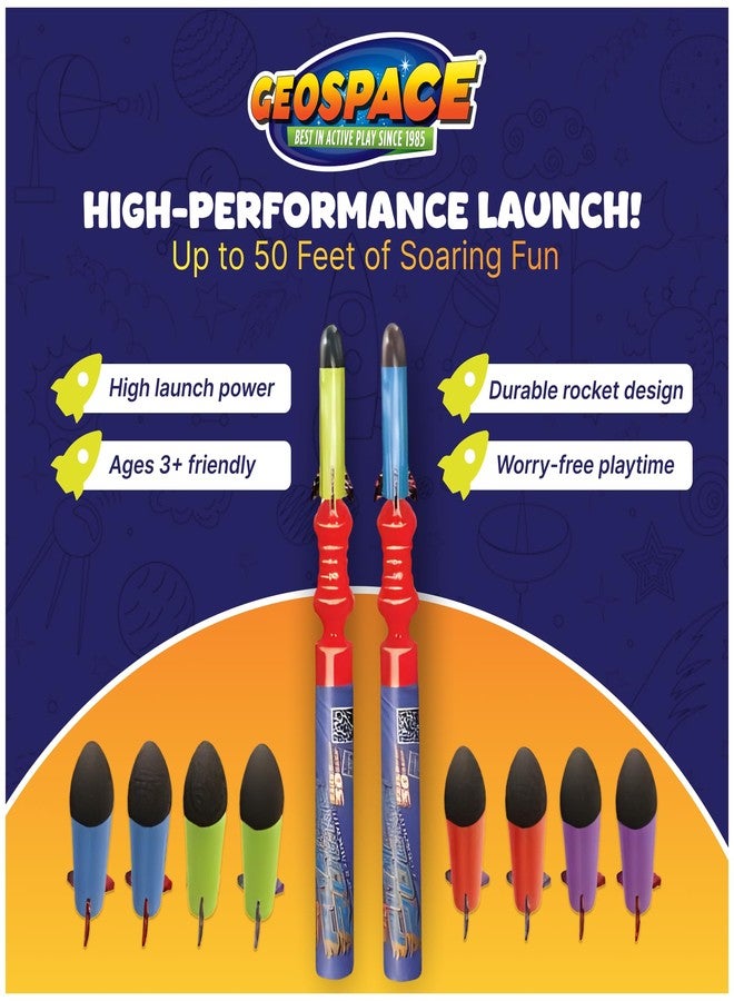 Geospace Hand Held Pump Rocket Combo Battle Pack - Flying Foam Rockets Outdoor Toys for Kids, Boys & Girls - 19" Set with 2 Launchers & 10 Rockets Set - Hand Stomper Rocket Toy - Cool Toys for Fun - Image 3