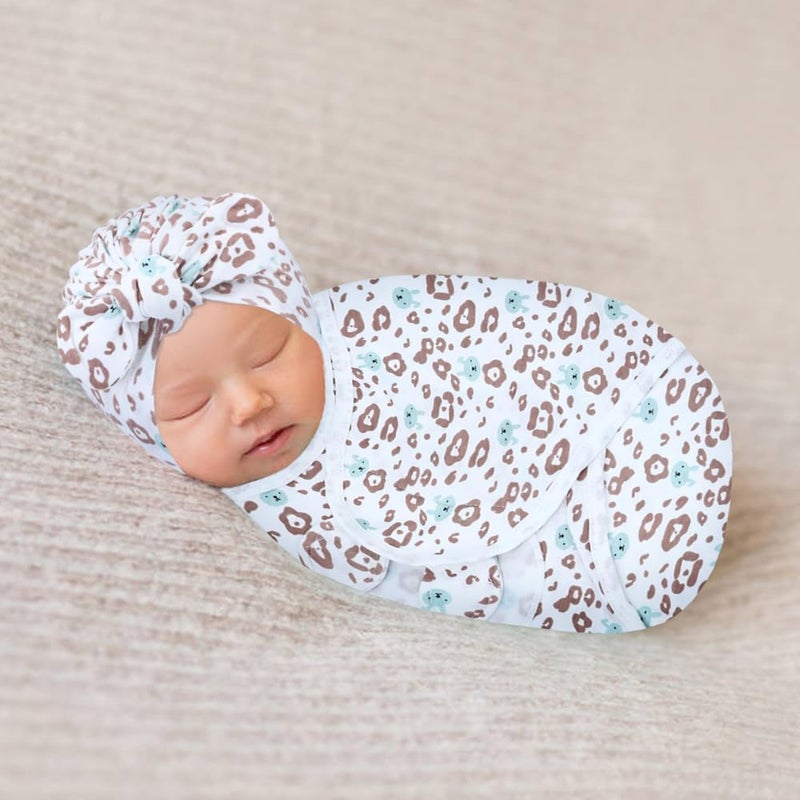 Cinaci 2 Pack Soft Cotton Baby Receiving Swaddle Blankets Wraps Sleep Sacks with Matching Bow Newborn Nursery Bow Hats Caps Beanies Bonnets for Baby Girls Boys Newborns Infants (Multicolor S3) - Image 2
