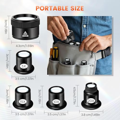 mlogiroa 5 Pcs Jewelers Loupe Set, Portable Eye Magnifier with 5X 10X 15X 20X 30X36mm Glass Lens, Mini Monocular Magnifying Glass for Jewelry Inspection, Watch Repair Tools, Circuit Inspection, Coins - Image 2