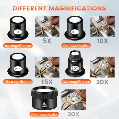 mlogiroa 5 Pcs Jewelers Loupe Set, Portable Eye Magnifier with 5X 10X 15X 20X 30X36mm Glass Lens, Mini Monocular Magnifying Glass for Jewelry Inspection, Watch Repair Tools, Circuit Inspection, Coins - Image 3