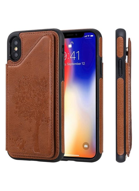Case Cover For iPhone XS / X Cat Tree Embossing Pattern Shockproof Protective Case with Card Slots & Photo Frame & Holder Brown
