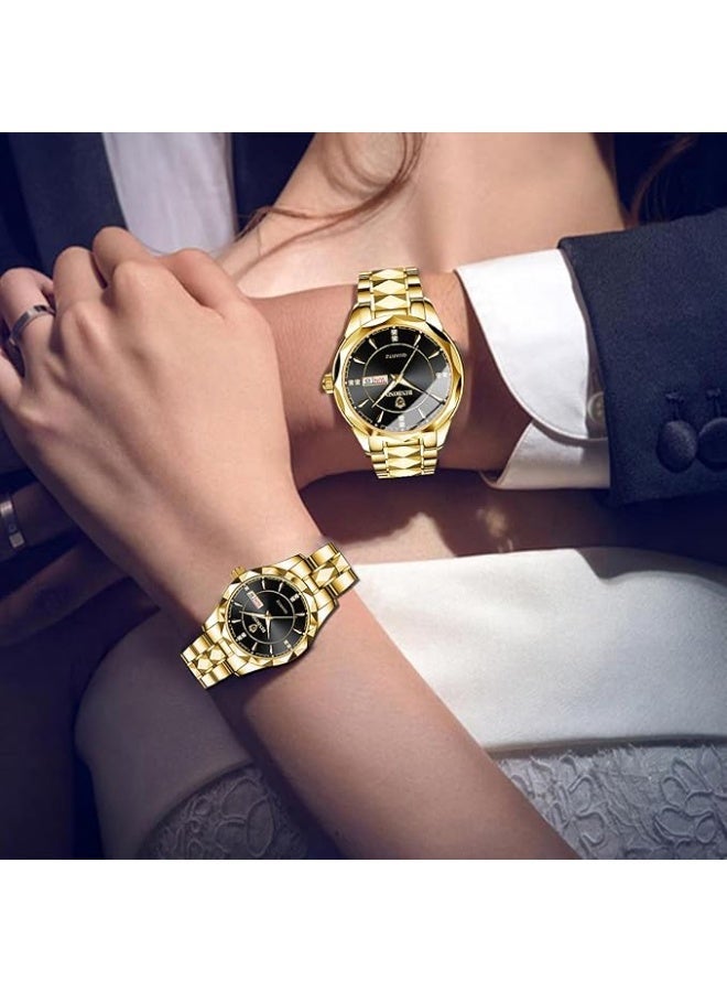 BINBOND Valentines Couple Pair Watches Men and Women Luminous Calendar Waterproof Gold Silver Stainless Steel Quartz Watch Blue Face his and Hers Watches Set Lovers Set of 2 - Image 2
