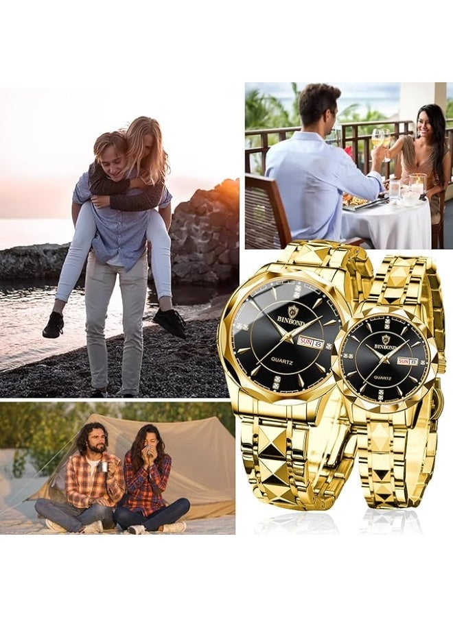 BINBOND Valentines Couple Pair Watches Men and Women Luminous Calendar Waterproof Gold Silver Stainless Steel Quartz Watch Blue Face his and Hers Watches Set Lovers Set of 2 - Image 3