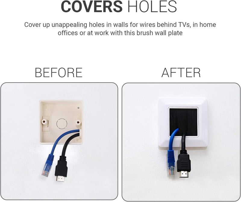kwmobile Flush Brush Wall Plate - 2x Single Gang Flush Wall Mounted Brush Faceplate to Cover Outlets, Sockets and Tidy Up Wires and Cables - Black - Image 2