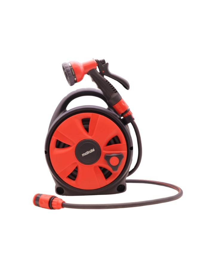15M Mini Garden Hose Reel, Retractable Heavy-Duty Garden Hose, 8-Pattern Rotating Spray Nozzle, 700kPa Max Pressure, Anti-Kink Hose, Compact Design, MKMGHR1015