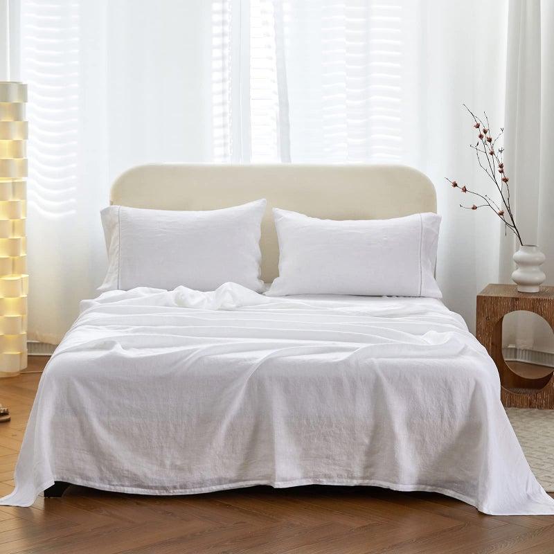 SimpleOpulence 100 Linen Hollow Hemstitch Sheet Set 4 Pieces European Flax Pure Washed Bed Sheets 1 Flat Sheet 1 Fitted Sheet2 Pillowcases Breathable and Soft Hemstitch WhiteFull