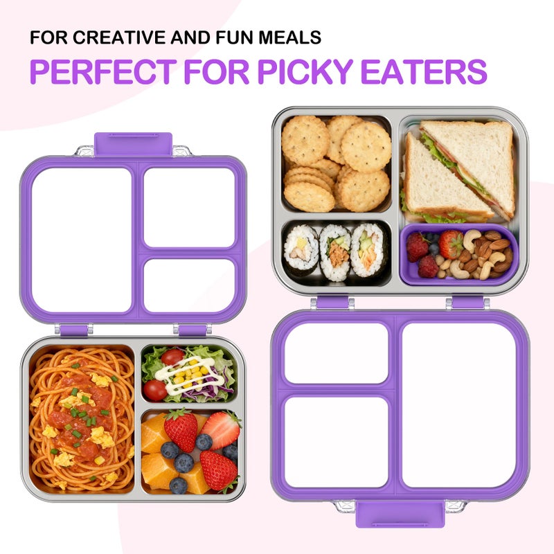 BABHAMNESS Stainless Steel Bento Lunch Box for Kids Adults, 3 Compartments Metal Bento Box with Transparent Lid & Silicone Container for Kids,Dishwasher-Safe,School & Travel,BPA-Free(Purple) - Image 3