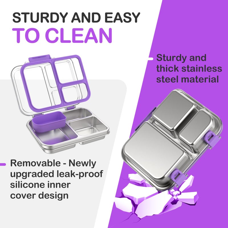 BABHAMNESS Stainless Steel Bento Lunch Box for Kids Adults, 3 Compartments Metal Bento Box with Transparent Lid & Silicone Container for Kids,Dishwasher-Safe,School & Travel,BPA-Free(Purple) - Image 4