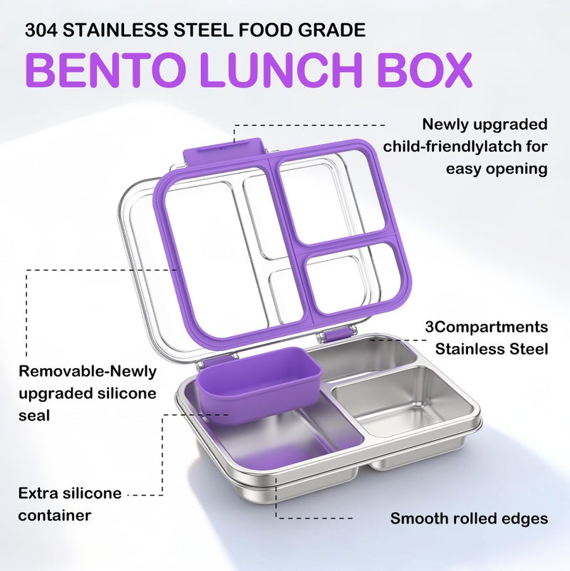 BABHAMNESS Stainless Steel Bento Lunch Box for Kids Adults, 3 Compartments Metal Bento Box with Transparent Lid & Silicone Container for Kids,Dishwasher-Safe,School & Travel,BPA-Free(Purple) - Image 2