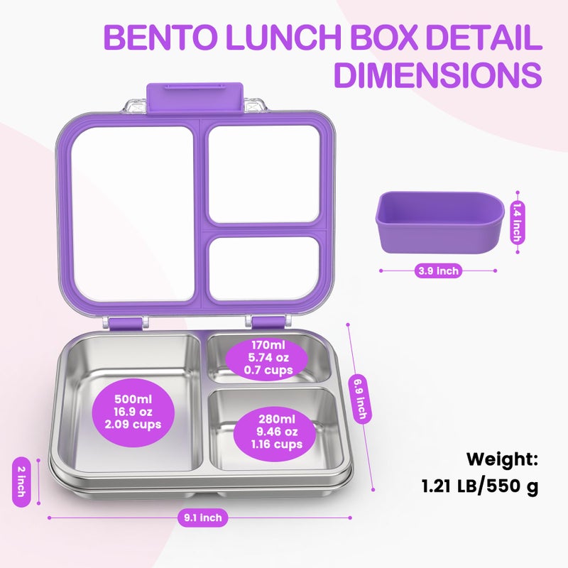 BABHAMNESS Stainless Steel Bento Lunch Box for Kids Adults, 3 Compartments Metal Bento Box with Transparent Lid & Silicone Container for Kids,Dishwasher-Safe,School & Travel,BPA-Free(Purple) - Image 5