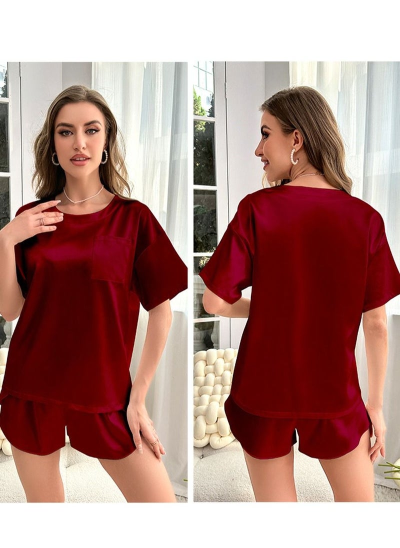 Loquat - Women's Loose Casual 2-Piece Set Nightgown Sleepwear Short Sleeve Tops And Shorts Soft Loungewear Pajamas  Suit Wine Red - Image 1