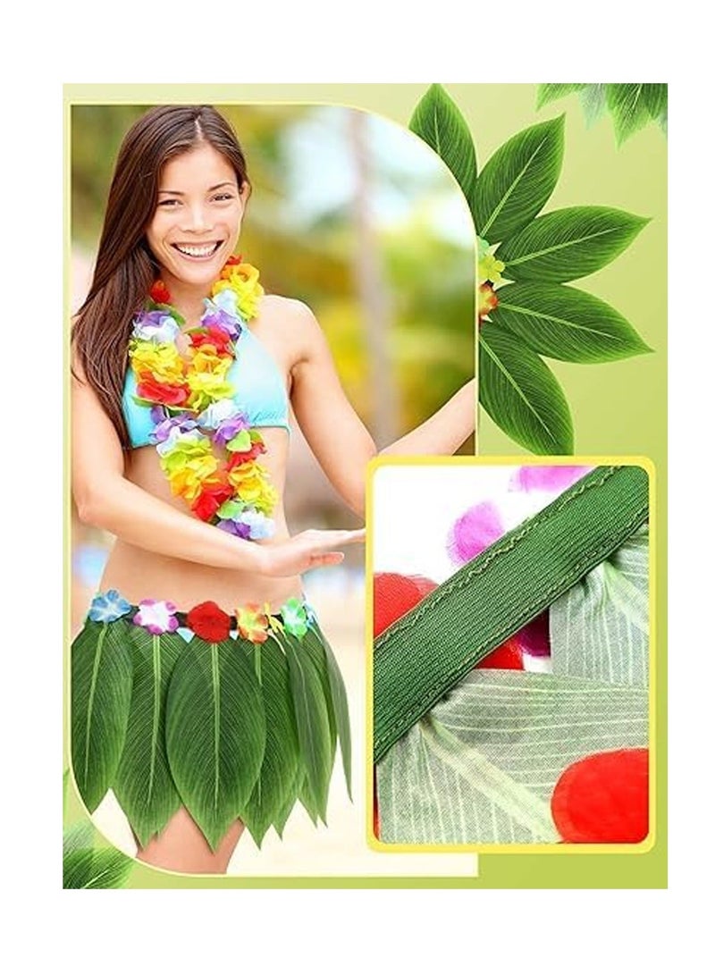 Leaf Hula Skirt Hula Green Leaves Skirt with Artificial Flowers Hawaiian Grass Skirt for Summer Luau  Party Costume 6 Pcs - Image 2