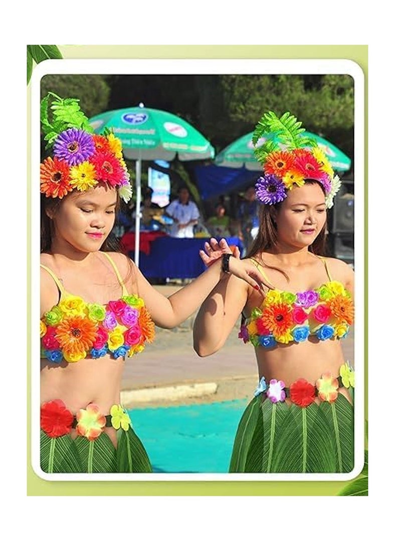 Leaf Hula Skirt Hula Green Leaves Skirt with Artificial Flowers Hawaiian Grass Skirt for Summer Luau  Party Costume 6 Pcs - Image 4