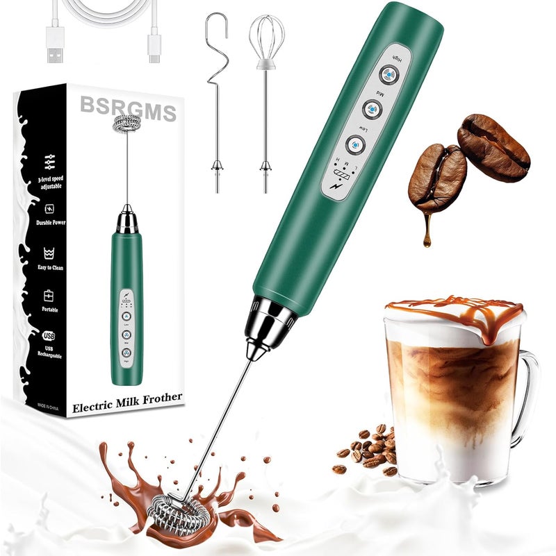 BSRGMS Milk Frother Handheld for Coffee, Electric Whisk 3 Speed Adjustable, Drink Mixer with Stainless 3 Whisks, Rechargeable Hand Frother Wand, Foam Maker for Latte Cappuccino Hot Chocolate Egg Green - Image 1