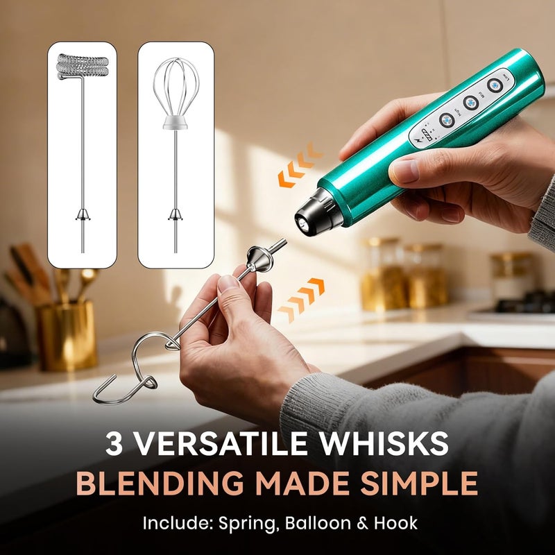 BSRGMS Milk Frother Handheld for Coffee, Electric Whisk 3 Speed Adjustable, Drink Mixer with Stainless 3 Whisks, Rechargeable Hand Frother Wand, Foam Maker for Latte Cappuccino Hot Chocolate Egg Green - Image 5