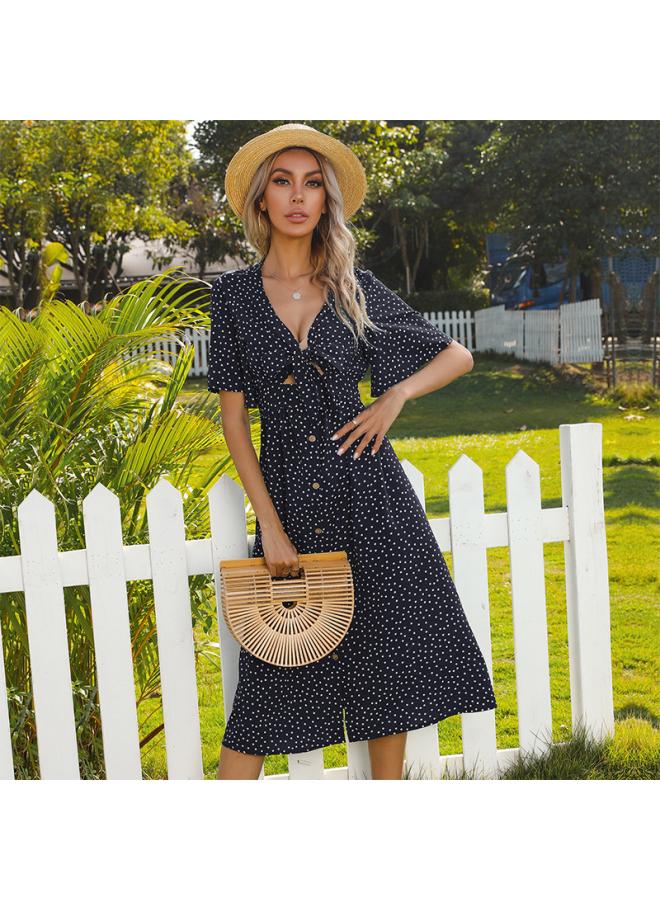 Summer New Women's French Polo Dot V-neck Hollow-out Lotus Leaf Sleeve Knot Dress