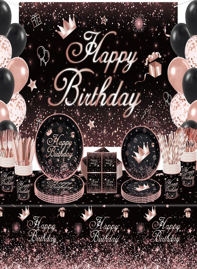 Inspireyee 211 PCS Black and Rose Gold Party Decoration Rose Gold & Black Party Supplies Birthday Dinnerware Set-Plates, Backdrop, Balloon, Tablecloth Serves 20 - Image 1